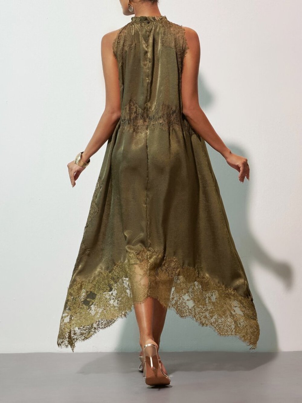 Dark Green Elegant Women's Lace Patchwork Split Hem Dress - Picture 2 of 8